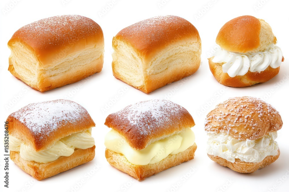 Cream-filled pastries, decorative bakery selection featuring powdered sugar and toppings isolated on white background Cream-filled pastries, decorative bakery selection featuring powdered sugar and toppings isolated on white background