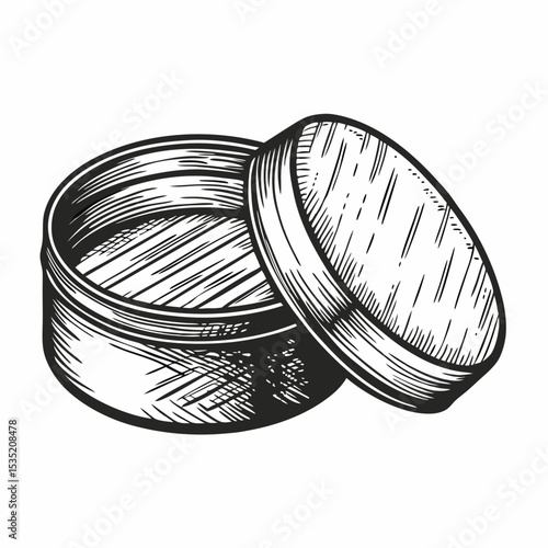 Vintage hair pomade tin with open lid.  Detailed illustration of classic metal container for hair styling product.  Perfect image for barbershop branding, retro designs, and vintage-style packaging.