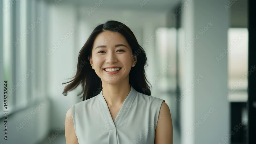 Woman walking through the office with a smile on her face Woman walking through the office with a smile on her face
