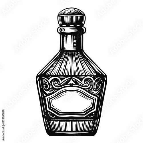 Vintage apothecary glass bottle with ornate design and blank label. Elegant antique glass container perfect for storing essential oils or perfumes.