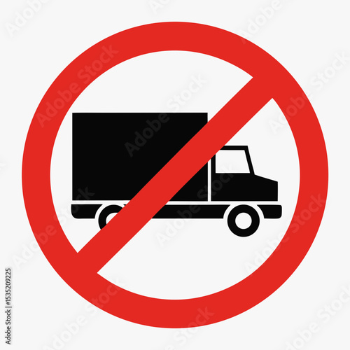 No trucks allowed sign. Red circle with diagonal line crossing black truck silhouette. This prohibition symbol is perfect for informational signs, warnings, and restrictions.