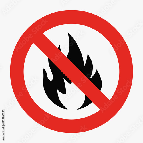 No fire symbol, red circle with black flame inside crossed by red diagonal line.  Prohibition sign indicating no open flames allowed.
