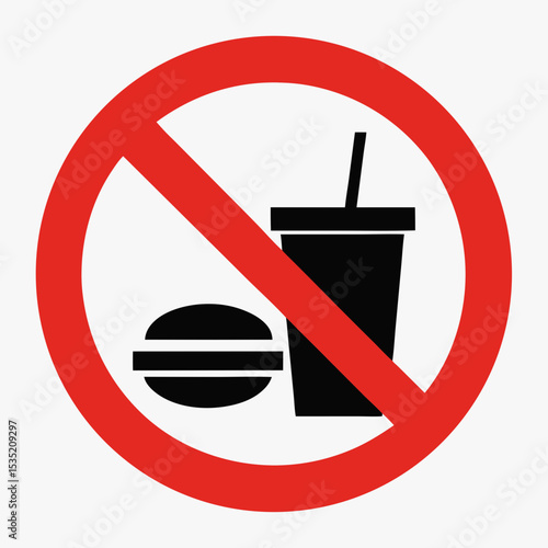 Prohibiting food and drinks sign. Red circle with slash across burger and soda cup.  Informative food and drink restriction symbol for public places.