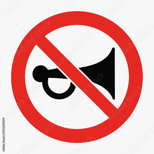 Prohibiting honking sign. No horns allowed.  This circular symbol with red prohibition sign and black horn inside is perfect for creating informational signage, prohibiting, warning,