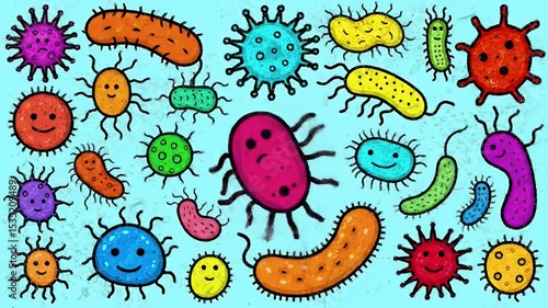 Colorful, playful cartoon microbes and viruses are depicted on a textured light blue background