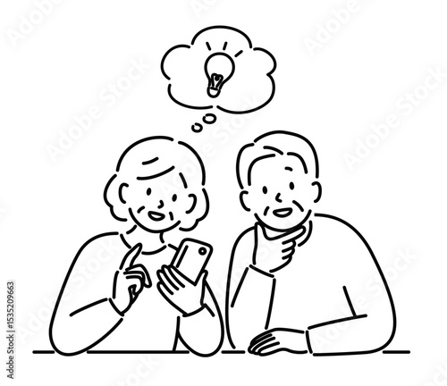 スマホの操作をする高齢者夫婦 （線画）