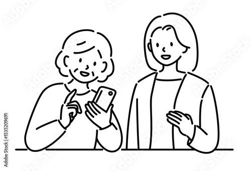 スマホ教室でスマホの操作を学ぶ女性シニア （線画）