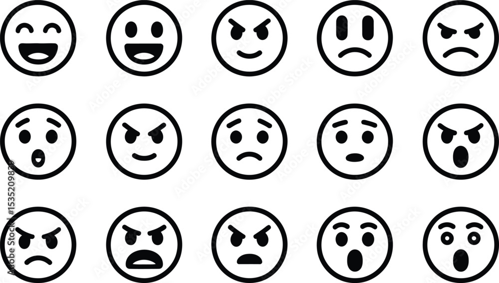 Collection of simple black and white emoji icons expressing various emotions Collection of simple black and white emoji icons expressing various emotions