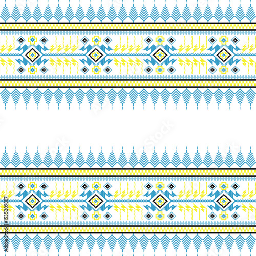 Blue and yellow cross-stitch. Geometric ethnic patterns. Design for sarees, dupattas, and clothing. Detailed Vector 
Illustration for textile print and elaborate borders. Pixel ornament. 
