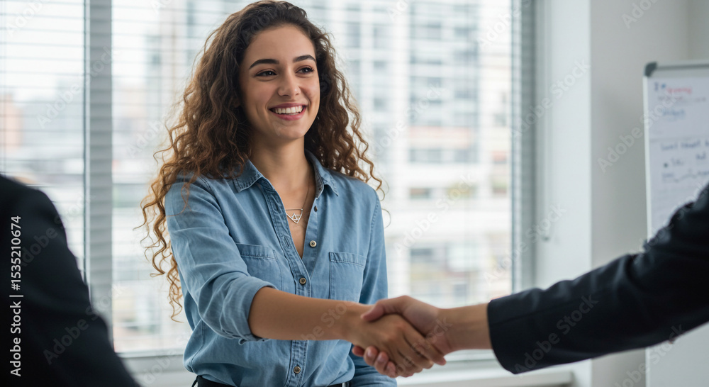 Obraz premium Businesswoman and man shaking hands in a modern office, a positive professional interaction.
