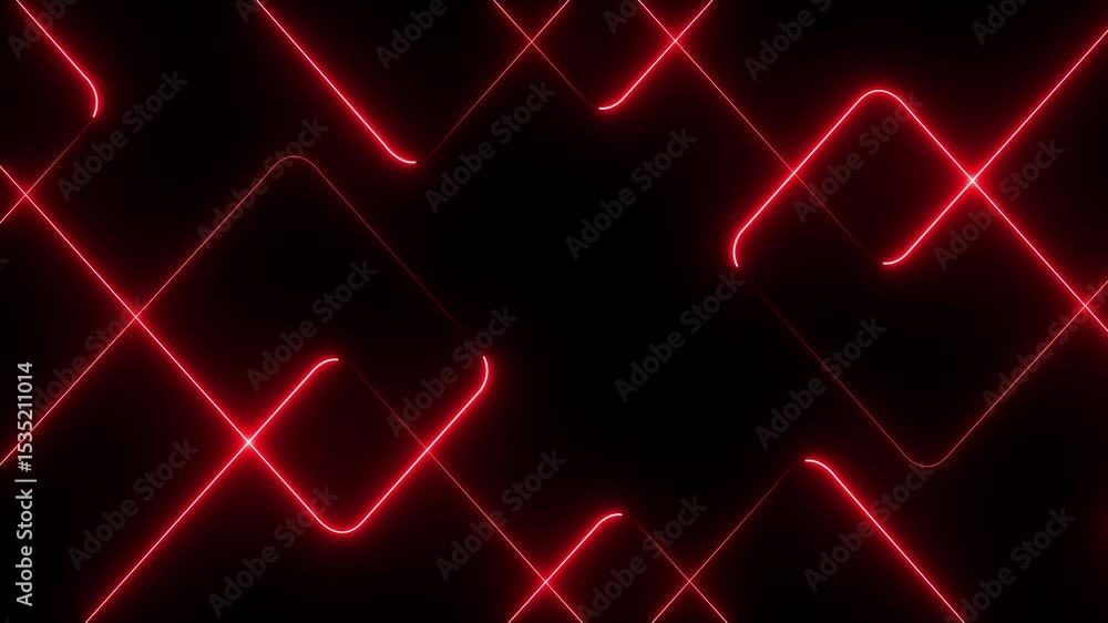 A vibrant abstract background featuring dynamic neon line patterns in shades of red . Neon red laser lines animation with black background.