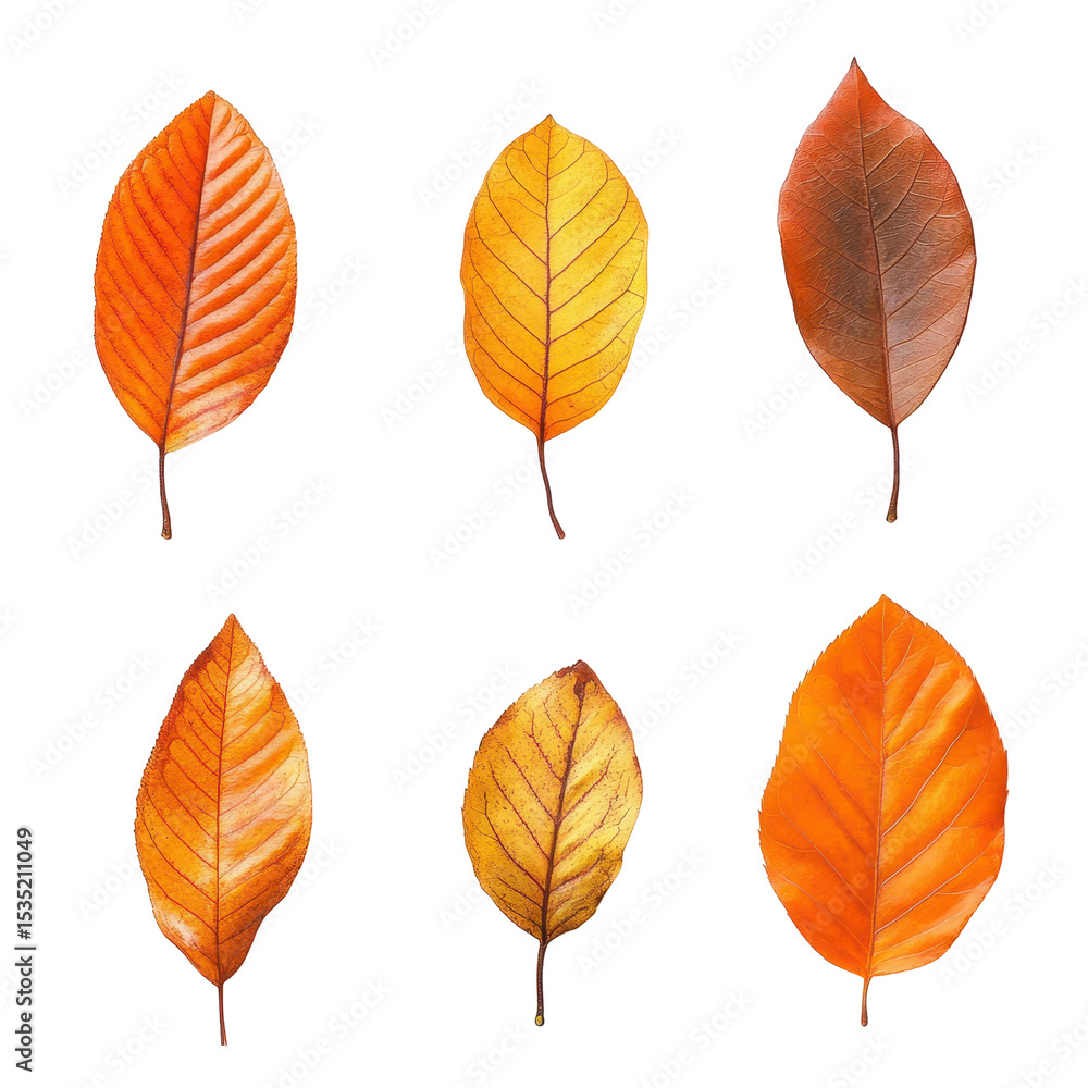Fototapeta premium different orange and yellow colorful leaves in autumn, display of autumn leaves in bright orange and yellow hues, isolated on transparent background