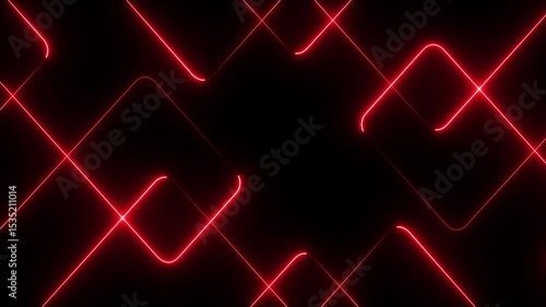 A vibrant abstract background featuring dynamic neon line patterns in shades of red . Neon red laser lines animation with black background.