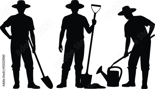Silhouette of farmers working with gardening tools on a white background