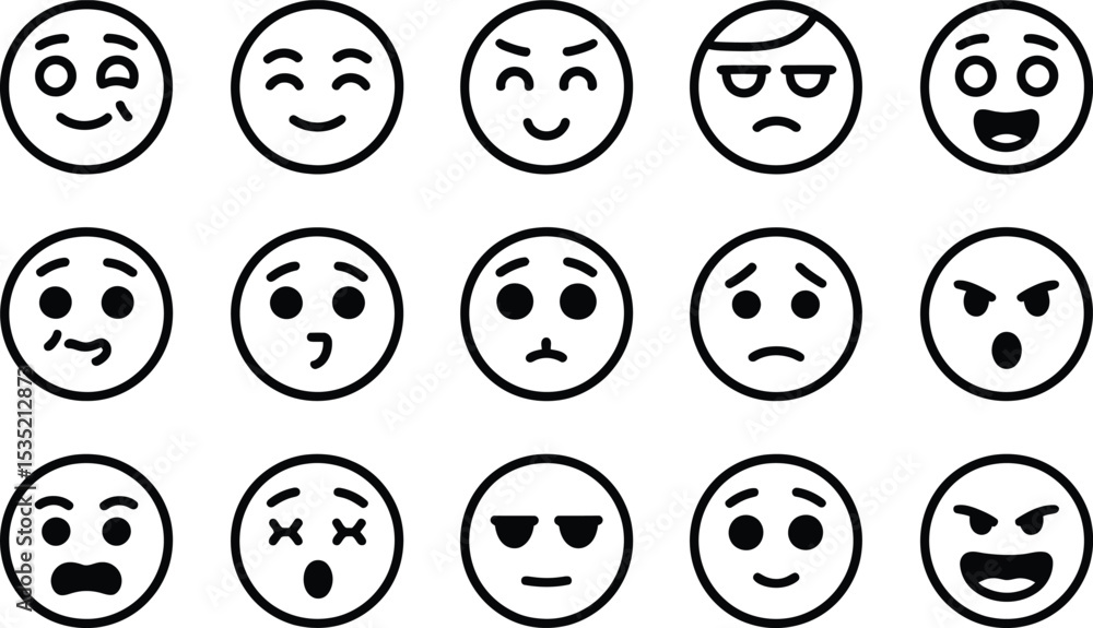 Collection of black and white outline emoji illustrations expressing various emotions Collection of black and white outline emoji illustrations expressing various emotions