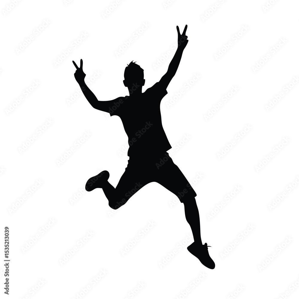 A vector silhouette of a young man jumping in the air with his arms raised in a victory pose, A vector silhouette of a young man jumping in the air with his arms raised in a victory pose,