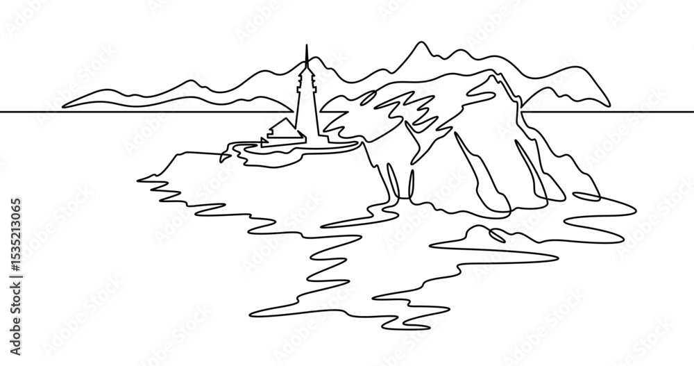Obraz premium Continuous one line drawing lighthouse on a rocky cliff. Lighthouse on the seashore.One continuous line isolated minimal illustration.Not AI.