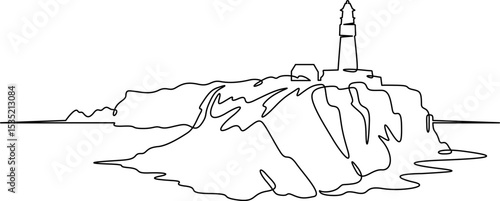 Continuous one line drawing lighthouse on a rocky cliff. Lighthouse on the seashore.One continuous line isolated minimal illustration.Not AI.