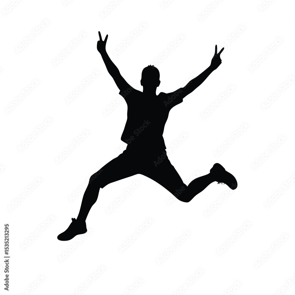 A vector silhouette of a young man jumping in the air with his arms raised in a victory pose, A vector silhouette of a young man jumping in the air with his arms raised in a victory pose,