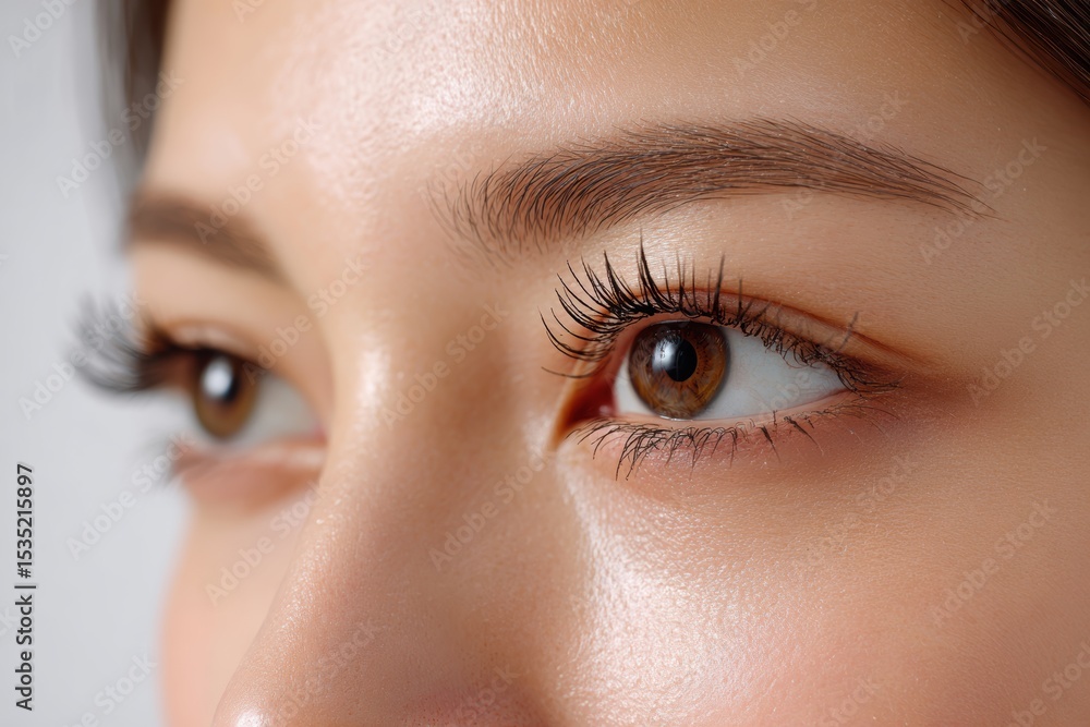 Fototapeta premium Close-up view of beautiful brown eyes highlighting long eyelashes and smooth skin under soft lighting