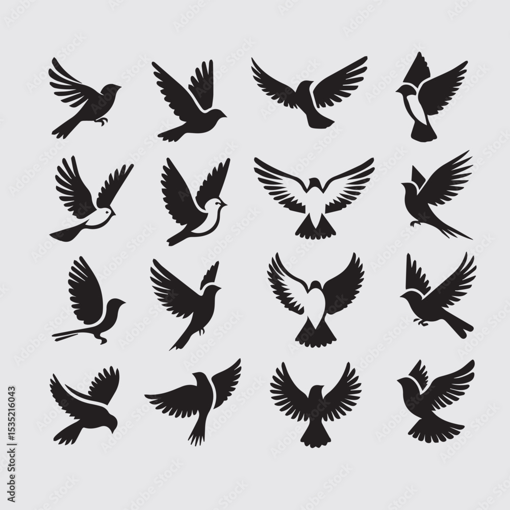 Fototapeta premium Minimal Flying Birds Silhouettes Vector Set, Clean Bird Shapes Collection
