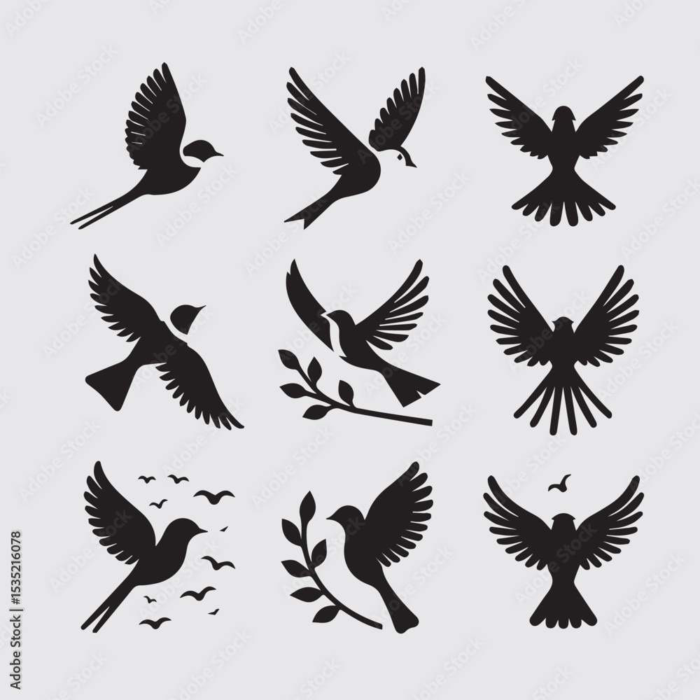 Minimal Flying Birds Silhouettes Vector Set, Clean Bird Shapes Collection Minimal Flying Birds Silhouettes Vector Set, Clean Bird Shapes Collection