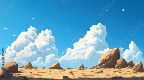 Sunny desert landscape with large rocks and fluffy clouds in a vibrant blue sky.