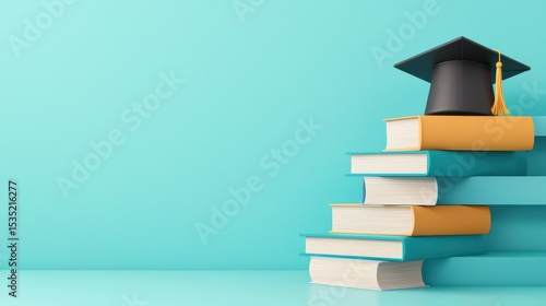 Graduating Student Cap on Stack of Colorful Books Against Blue Background for Education and Learning Concept