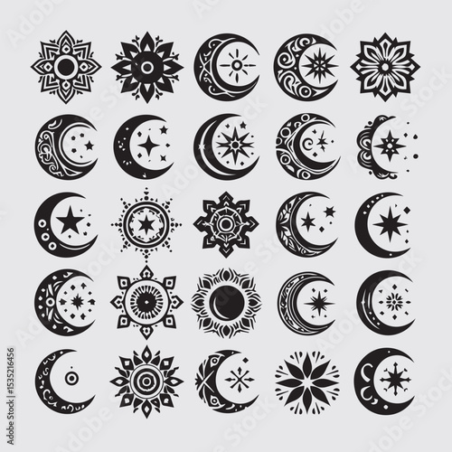 Crescent Moon Contour Icons Set  Linear Style Moon Phase Symbols Collection