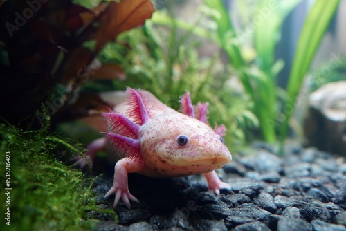 Unique axolotl swimming gracefully in its aquatic habitat surrounded by lush greenery