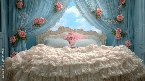 Romantic Ruffled Bed, Floral Canopy