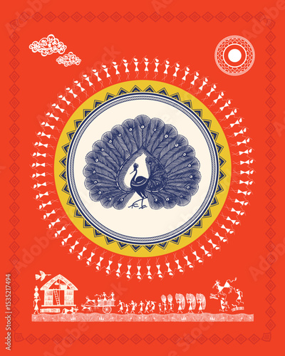 Indian Tribal Art: Farmers' Festivities, Lush Nature and Stylized Peacock in Warli. Warli art, Indian tribal art, Rural celebration, Warli peacock