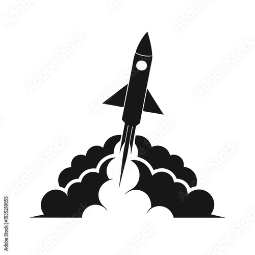 Black Minimalist Rocket Soaring Through White Background Leaving Black Smoke Trail