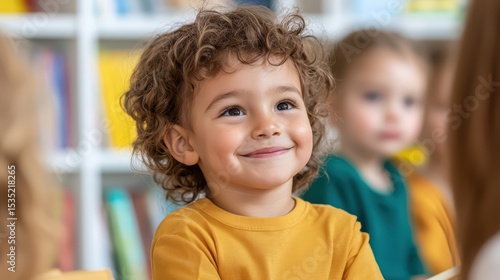 Joyful young child with curly hair smiling in a classroom setting surrounded by peers engaged in learning activities