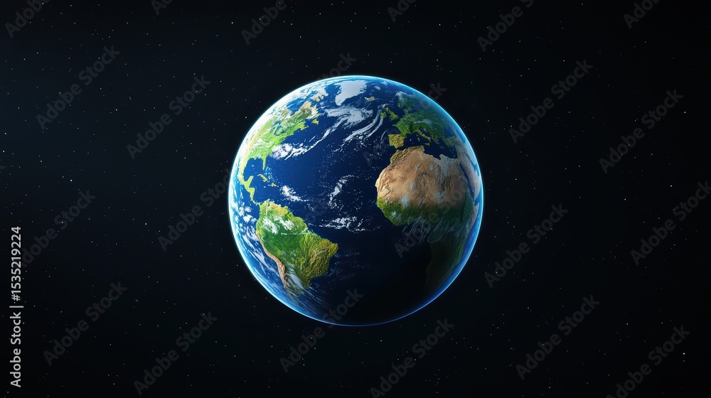 Fototapeta premium Beautiful Earth Against Starry Background with Rich Blue Oceans, Green Landmasses, and White Clouds in Space