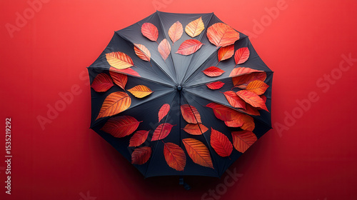 Top view of umbrella featuring colorful fall leaf pattern, clean presentation mockup