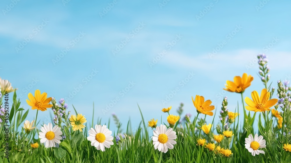 Fototapeta premium Vibrant Meadow with Colorful Wildflowers Under Clear Blue Sky on a Bright Sunny Day