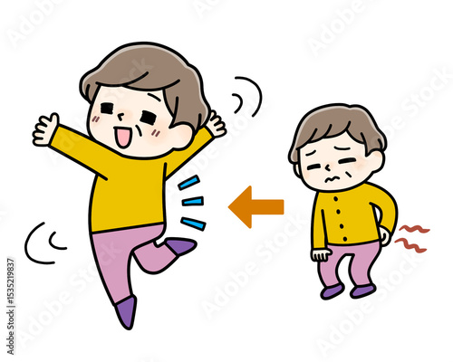 腰痛に苦しむ中年女性と、改善して笑顔で喜ぶビフォーアフター（カラー）