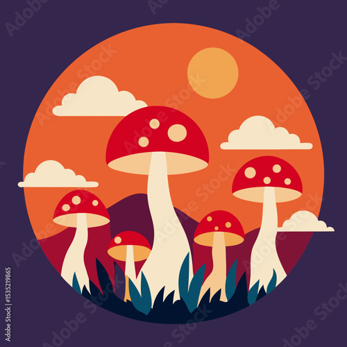 vector illustration mushroom forest in fantasy landscape with vintag