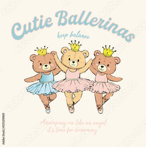 Ballerina Teddy Bears – Cute Dancing Illustration with Crown and Tutu
