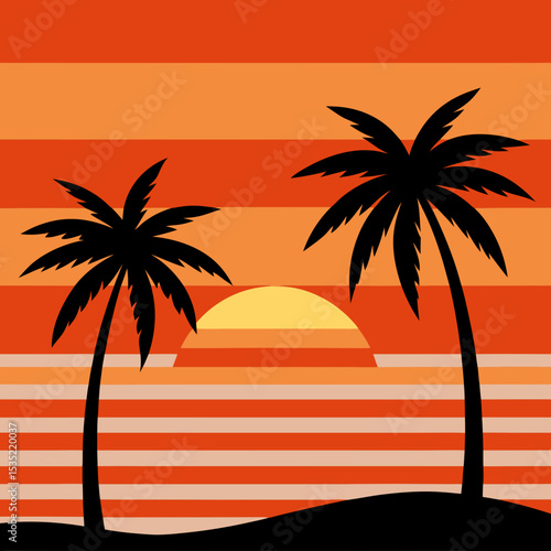 vector illustration  tropical beach with palm trees and striped orang