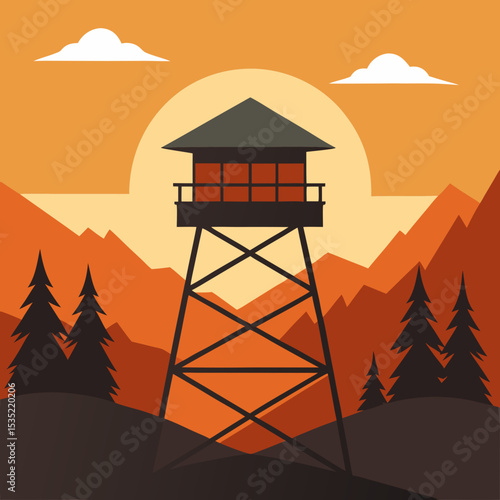firewatch tower in wilderness with vintage sky  vector illustration 