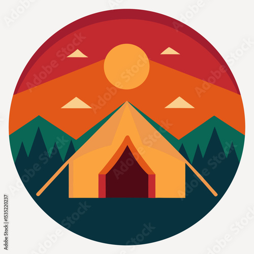 glamping tent in nature with sunset badge effect vector illustration