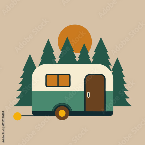 Vintage school bus vector transporting passengers through the mountains and forest for camping