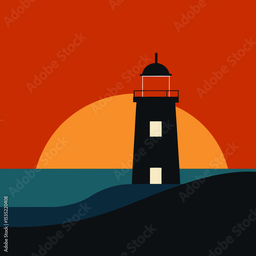 A beacon of safety, the lighthouse stands tall on the island coast at sunset, its light piercing the nautical night sky