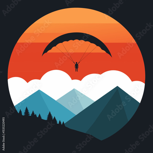 paragliding silhouette over mountains with layere vector illustration