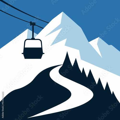 : ski lift silhouette on snowy mountain with vintag  vector illustration