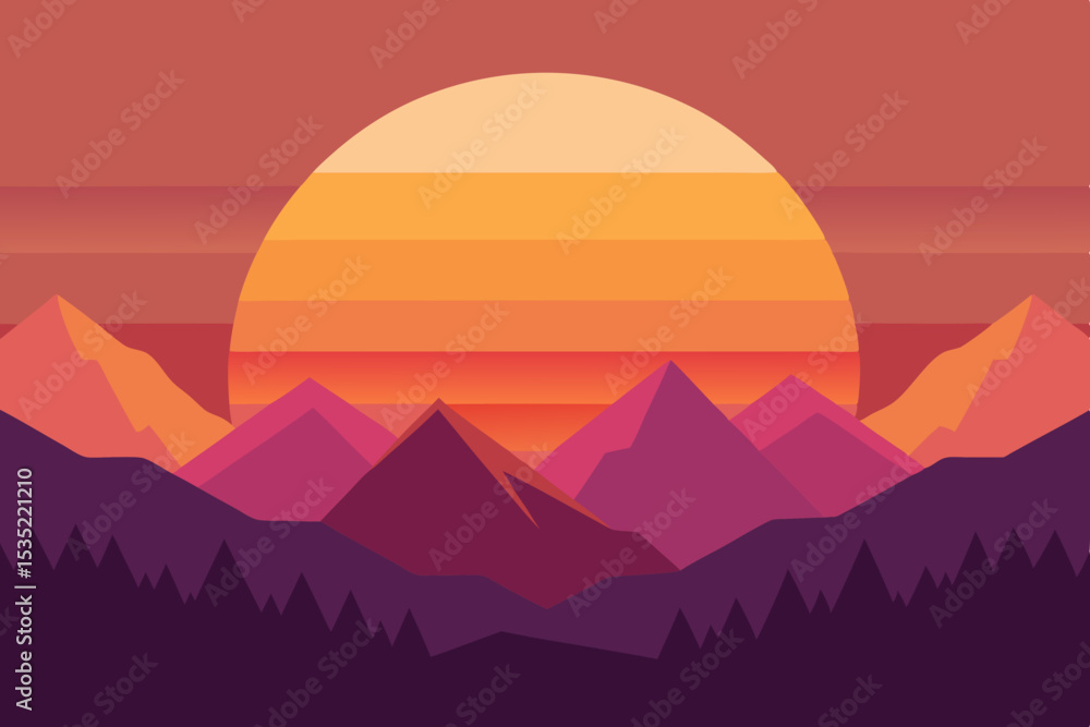 Obraz premium Layered Mountain Valley Covered in Mist and Retro Sun