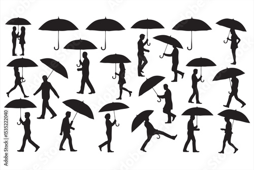 umbrella, silhouette, rain, people, standing, walking, vector, black, cover, tool, protection, storm, open, figure, sideview, wet, guard, hooded, monsoon, street, gear, windy, fashion, outdoor, access