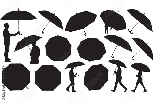Silhouettes of Men and Women Walking with Umbrellas in Motion and Standing Poses for Weather and Lifestyle Vector Concepts